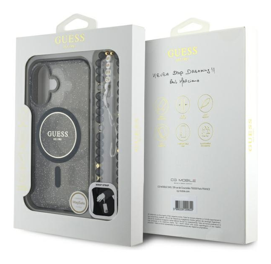 Guess Apple iPhone 16 Hoesje MagSafe Back Cover met Kralen Koord Glitter Zwart afbeelding 7