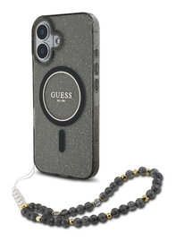 Guess Apple iPhone 16 Hoesje MagSafe Back Cover met Kralen Koord Glitter Zwart