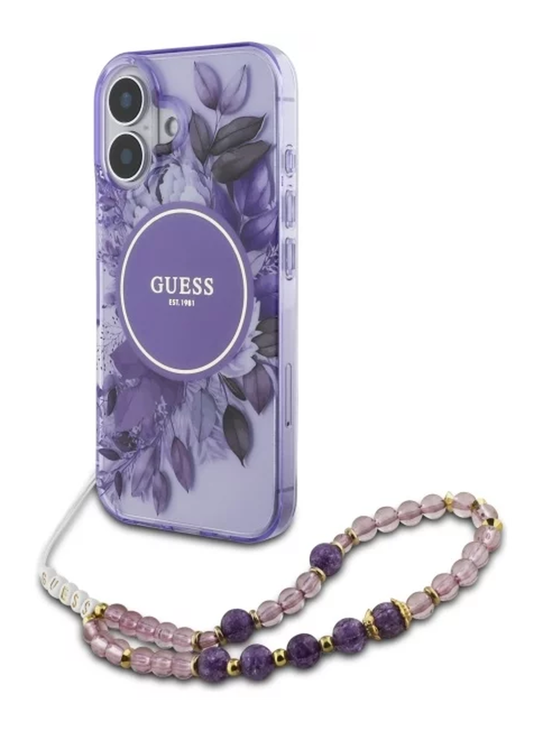 Guess Apple iPhone 16 Hoesje MagSafe Back Cover met Kralen Koord Bloemen Paars afbeelding 1