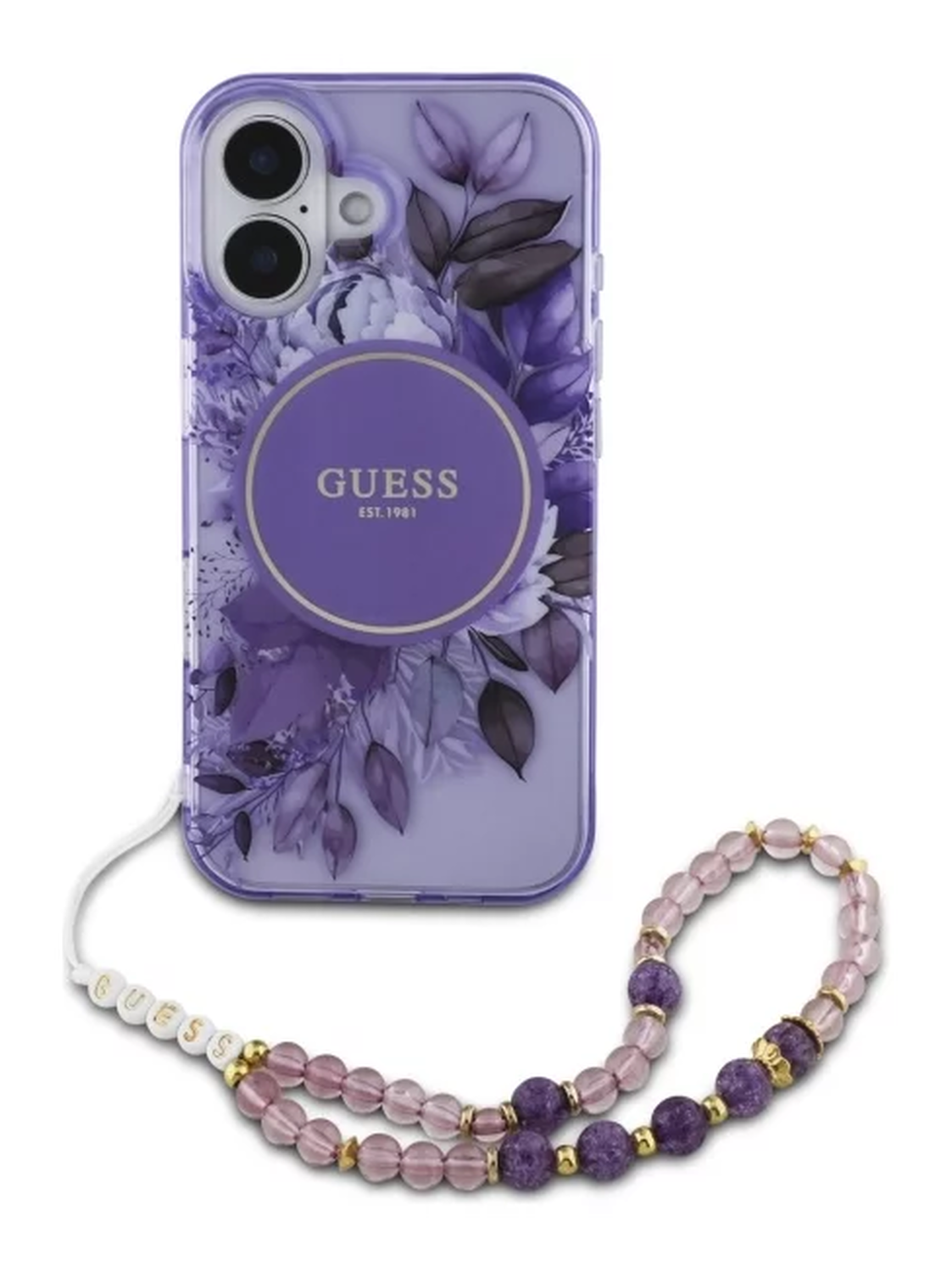 Guess Apple iPhone 16 Hoesje MagSafe Back Cover met Kralen Koord Bloemen Paars afbeelding 2