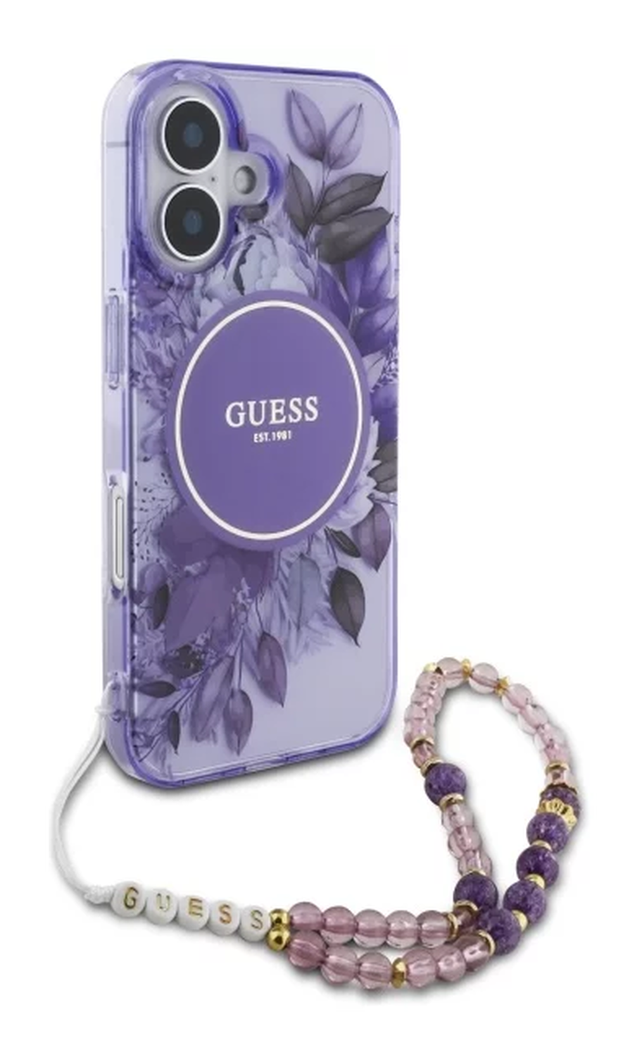 Guess Apple iPhone 16 Hoesje MagSafe Back Cover met Kralen Koord Bloemen Paars afbeelding 3