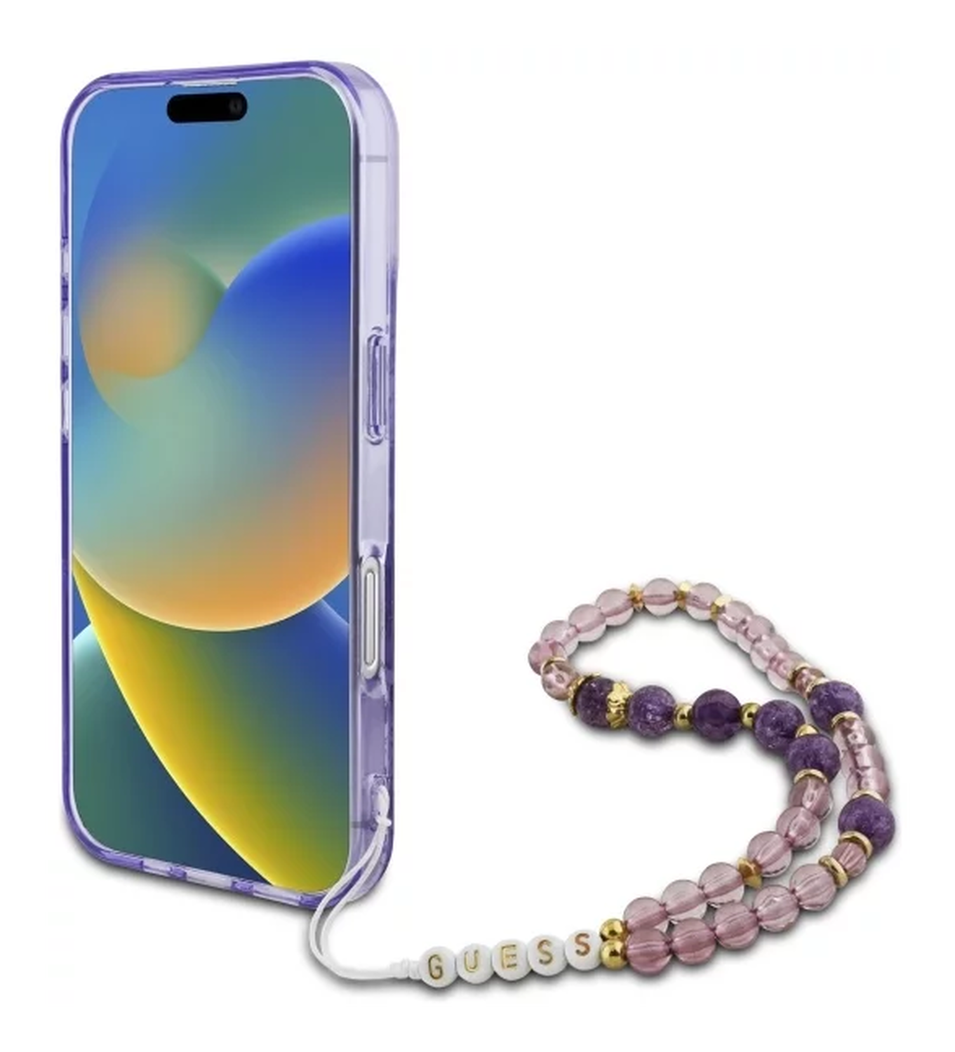 Guess Apple iPhone 16 Hoesje MagSafe Back Cover met Kralen Koord Bloemen Paars afbeelding 4