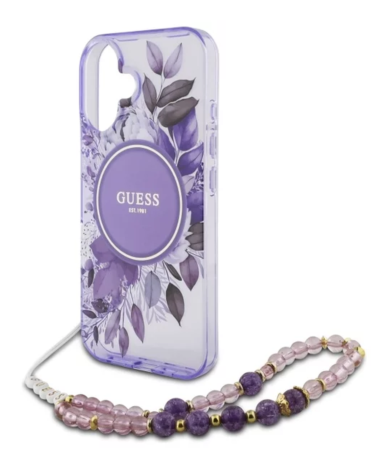 Guess Apple iPhone 16 Hoesje MagSafe Back Cover met Kralen Koord Bloemen Paars afbeelding 5