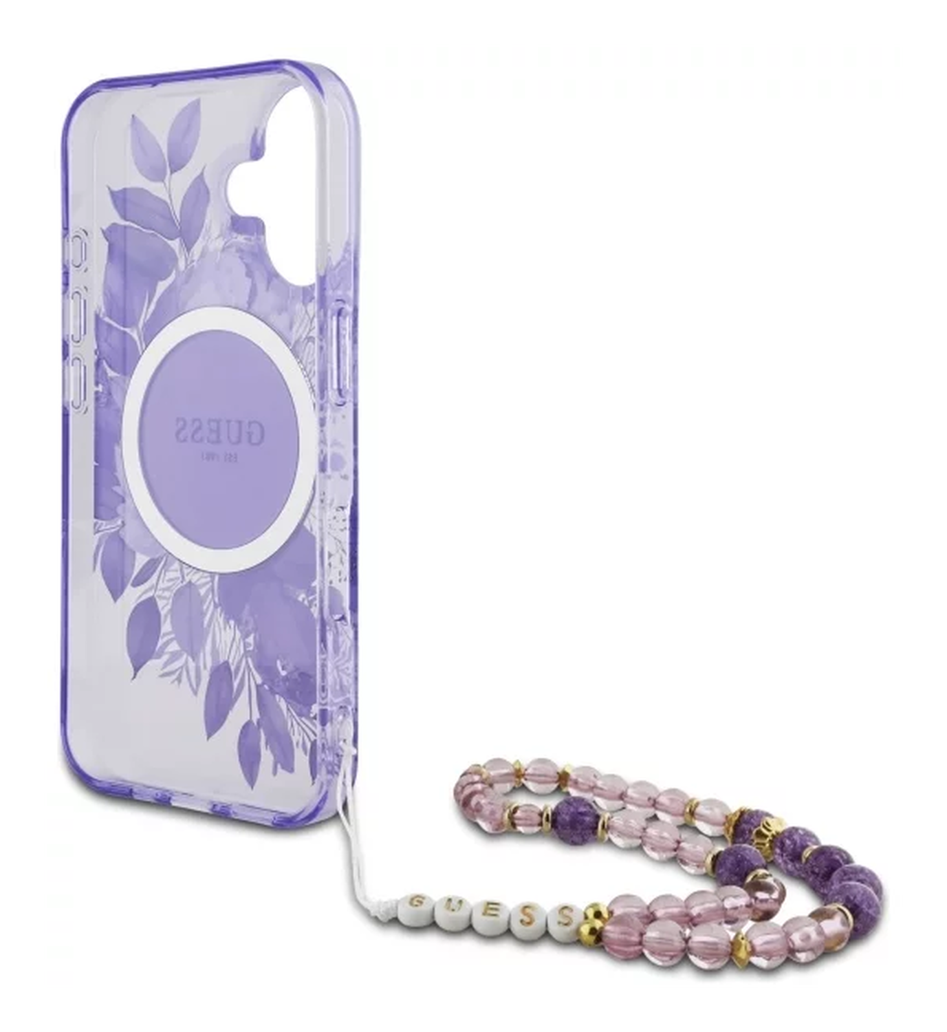 Guess Apple iPhone 16 Hoesje MagSafe Back Cover met Kralen Koord Bloemen Paars afbeelding 6