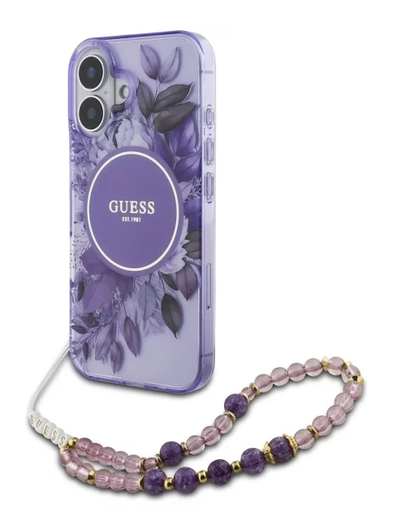 Guess Apple iPhone 16 Hoesje MagSafe Back Cover met Kralen Koord Bloemen Paars afbeelding 1