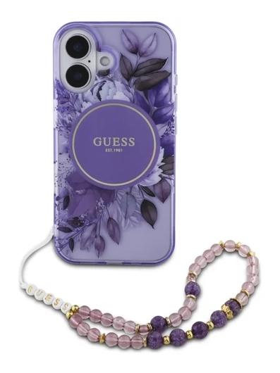 Guess Apple iPhone 16 Hoesje MagSafe Back Cover met Kralen Koord Bloemen Paars afbeelding 2