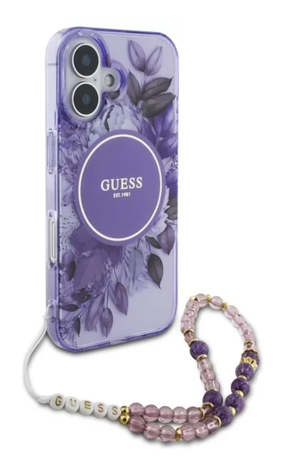 Guess Apple iPhone 16 Hoesje MagSafe Back Cover met Kralen Koord Bloemen Paars afbeelding 3
