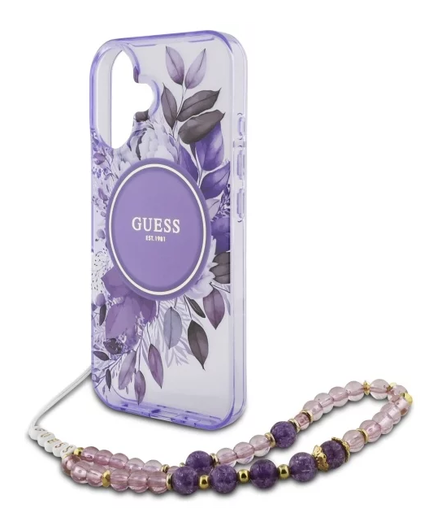 Guess Apple iPhone 16 Hoesje MagSafe Back Cover met Kralen Koord Bloemen Paars afbeelding 5