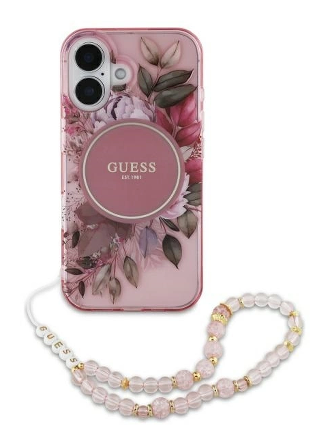 Guess Apple iPhone 16 Hoesje MagSafe met Kralen Koord Bloemen Roze afbeelding 2