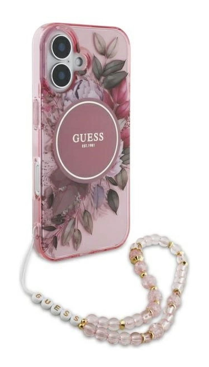 Guess Apple iPhone 16 Hoesje MagSafe met Kralen Koord Bloemen Roze afbeelding 3