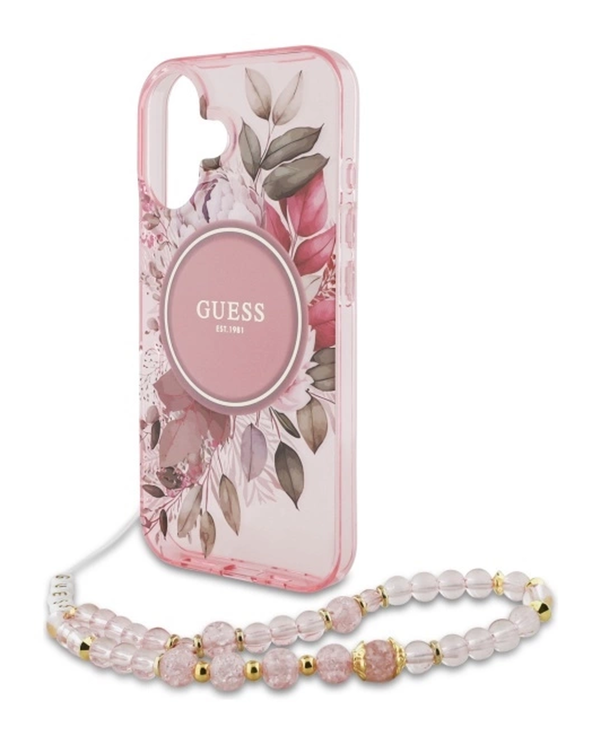 Guess Apple iPhone 16 Hoesje MagSafe met Kralen Koord Bloemen Roze afbeelding 5