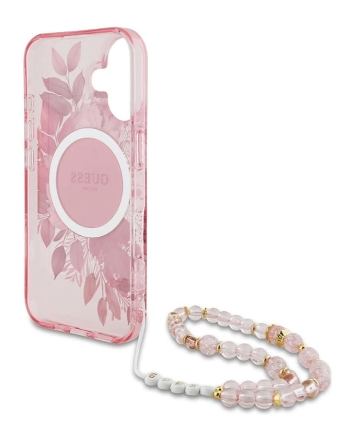 Guess Apple iPhone 16 Hoesje MagSafe met Kralen Koord Bloemen Roze afbeelding 6