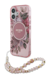Guess Apple iPhone 16 Hoesje MagSafe met Kralen Koord Bloemen Roze afbeelding