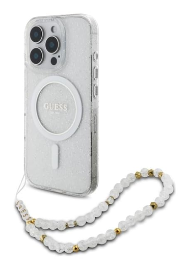 Guess Apple iPhone 16 Pro Hoesje MagSafe met Kralen Koord Glitter Transparant afbeelding 1