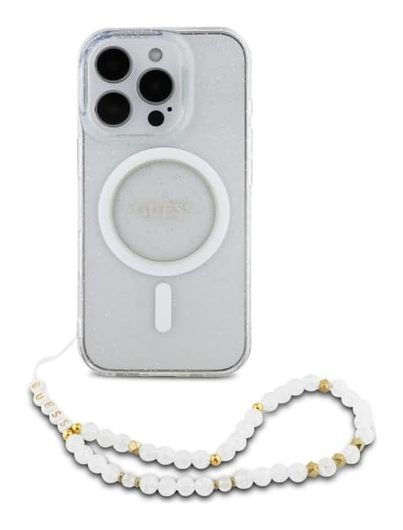 Guess Apple iPhone 16 Pro Hoesje MagSafe met Kralen Koord Glitter Transparant afbeelding 2