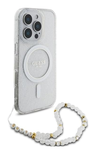Guess Apple iPhone 16 Pro Hoesje MagSafe met Kralen Koord Glitter Transparant afbeelding 3