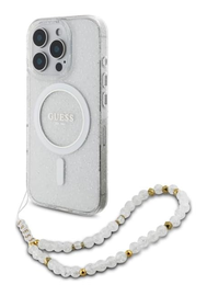 Guess Apple iPhone 16 Pro Hoesje MagSafe met Kralen Koord Glitter Transparant