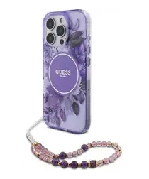 Guess Apple iPhone 16 Pro Hoesje MagSafe met Kralen Koord Bloemen Paars afbeelding