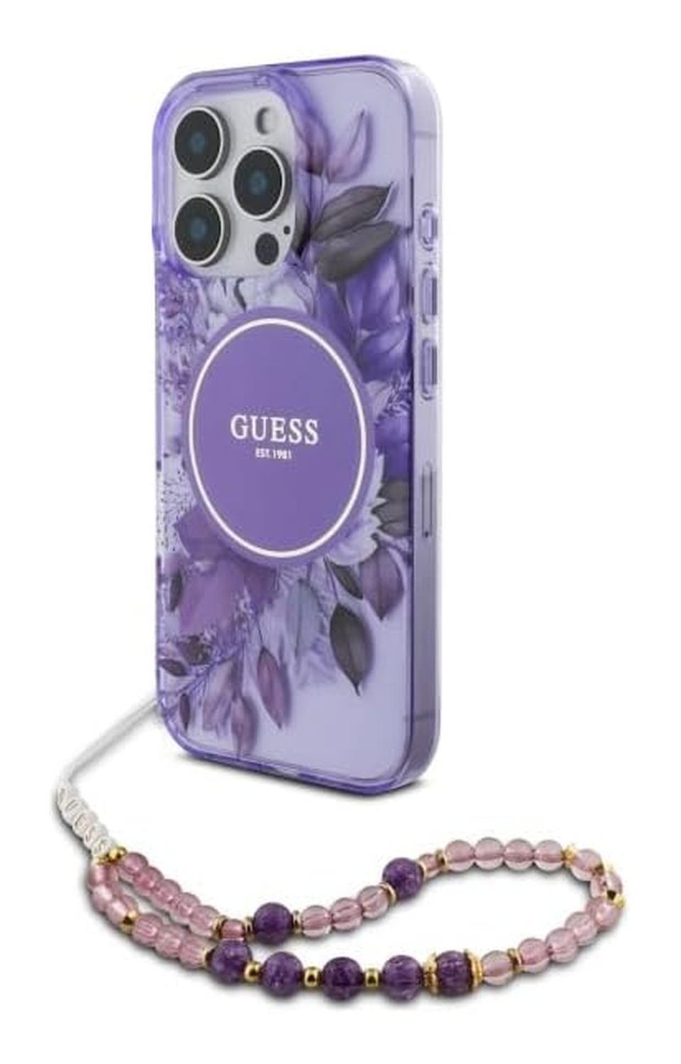 Guess Apple iPhone 16 Pro Hoesje MagSafe met Kralen Koord Bloemen Paars afbeelding 1