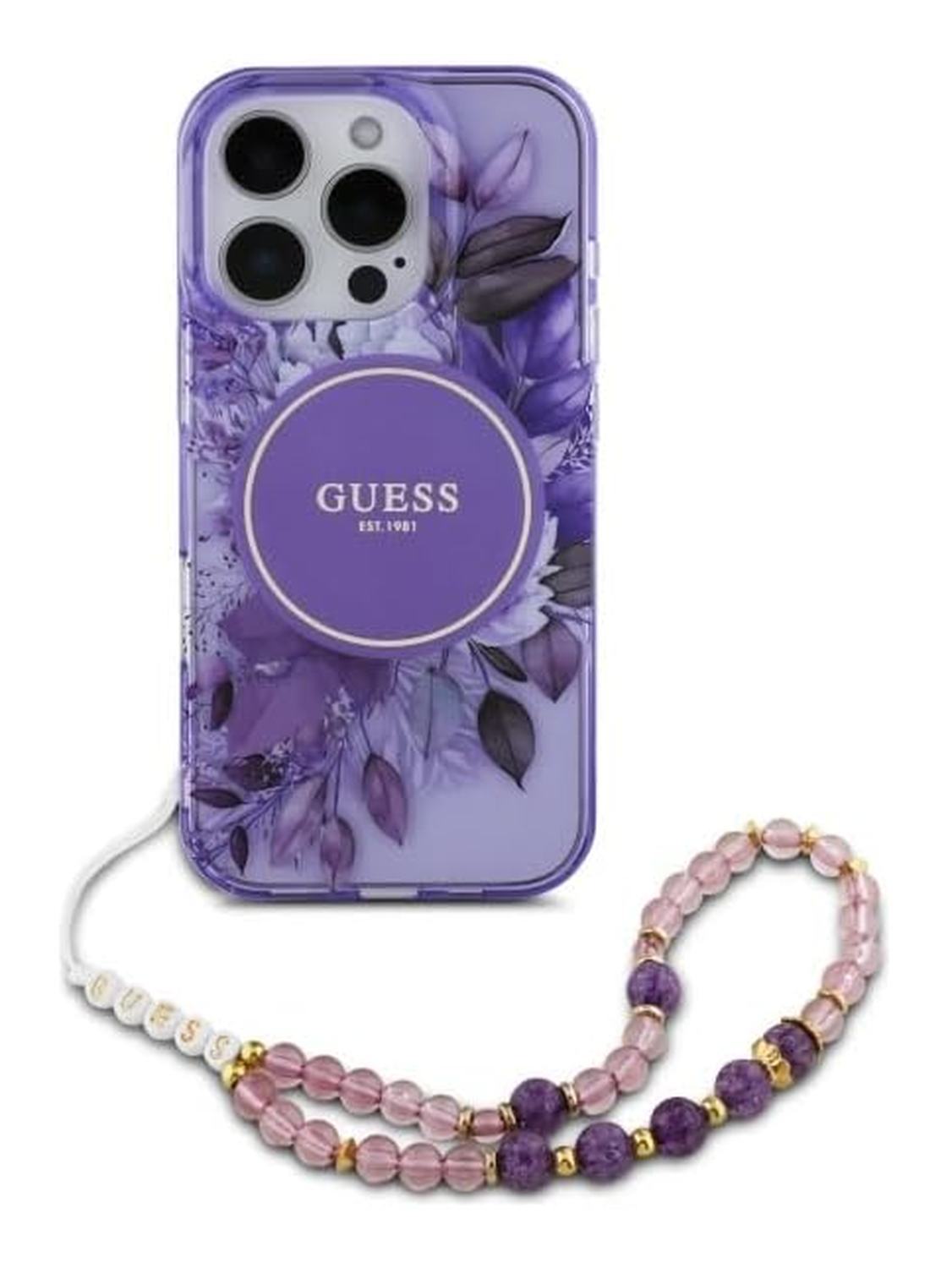 Guess Apple iPhone 16 Pro Hoesje MagSafe met Kralen Koord Bloemen Paars afbeelding 2