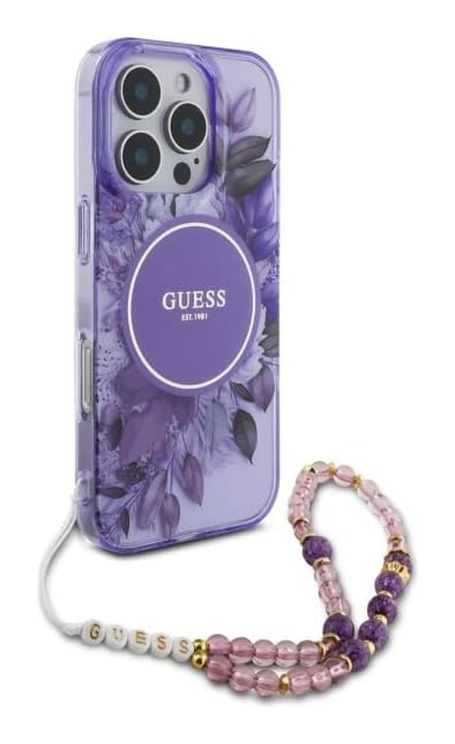 Guess Apple iPhone 16 Pro Hoesje MagSafe met Kralen Koord Bloemen Paars afbeelding 3
