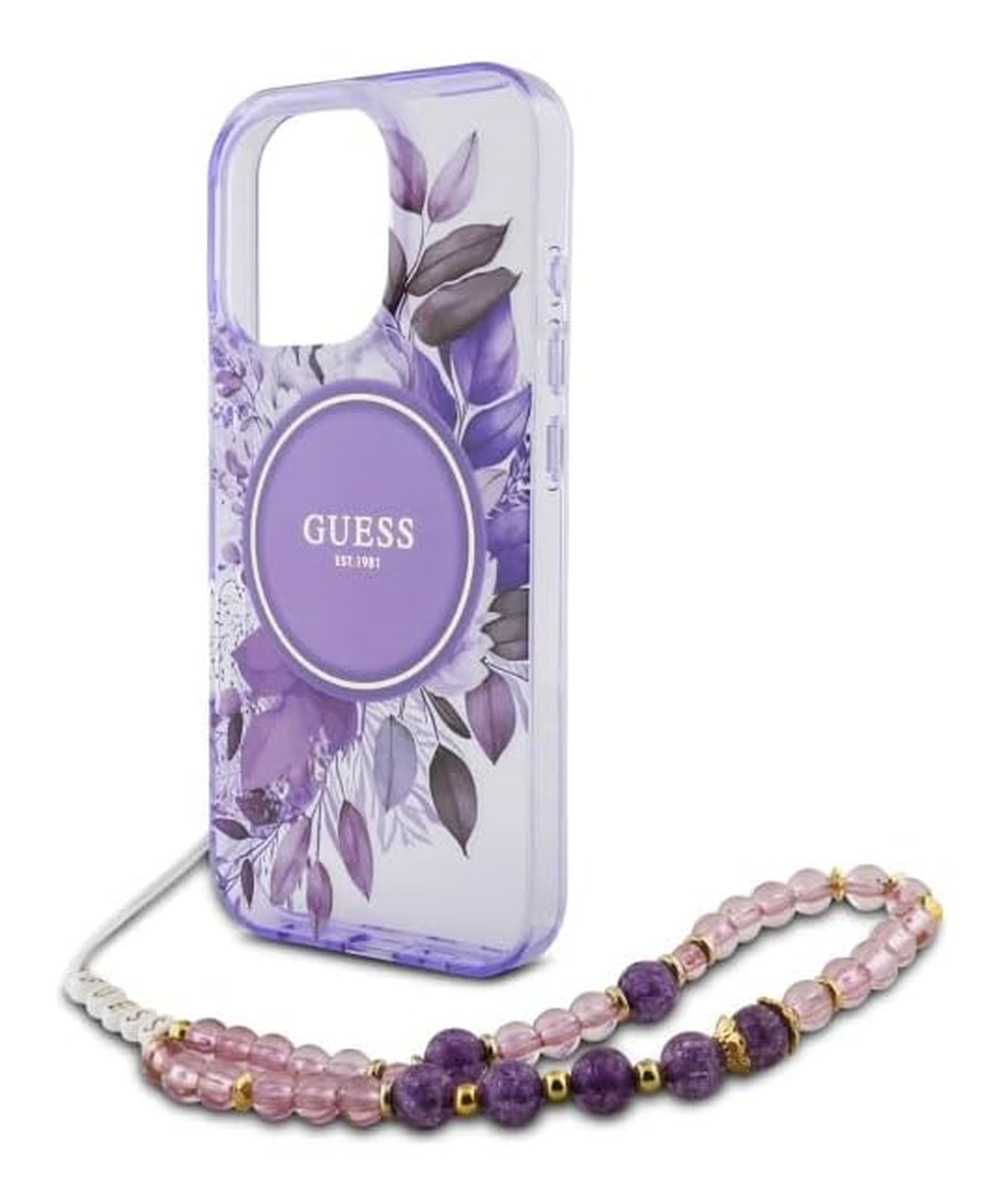 Guess Apple iPhone 16 Pro Hoesje MagSafe met Kralen Koord Bloemen Paars afbeelding 5