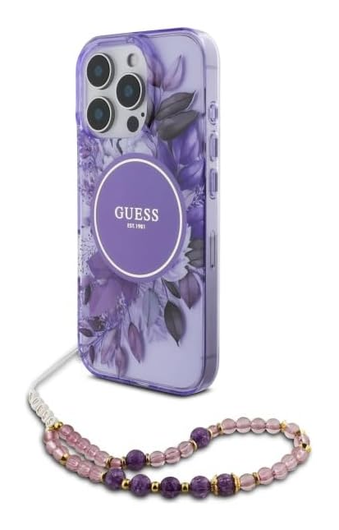 Guess Apple iPhone 16 Pro Hoesje MagSafe met Kralen Koord Bloemen Paars afbeelding 1