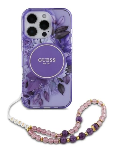 Guess Apple iPhone 16 Pro Hoesje MagSafe met Kralen Koord Bloemen Paars afbeelding 2