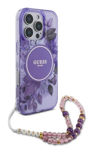 Guess Apple iPhone 16 Pro Hoesje MagSafe met Kralen Koord Bloemen Paars afbeelding 3