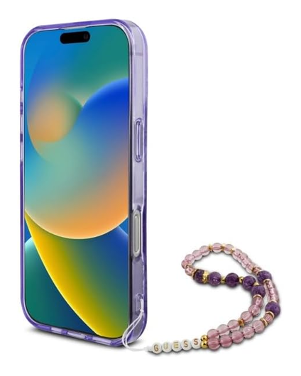 Guess Apple iPhone 16 Pro Hoesje MagSafe met Kralen Koord Bloemen Paars afbeelding 4