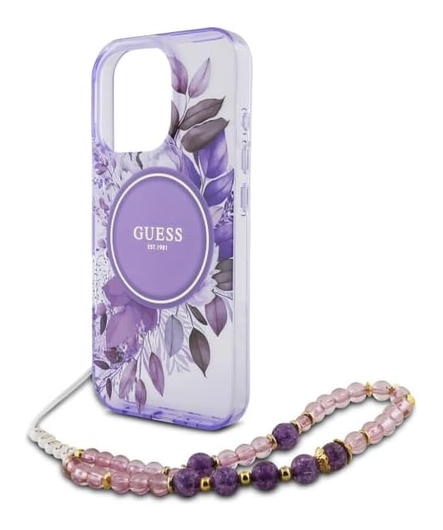 Guess Apple iPhone 16 Pro Hoesje MagSafe met Kralen Koord Bloemen Paars afbeelding 5