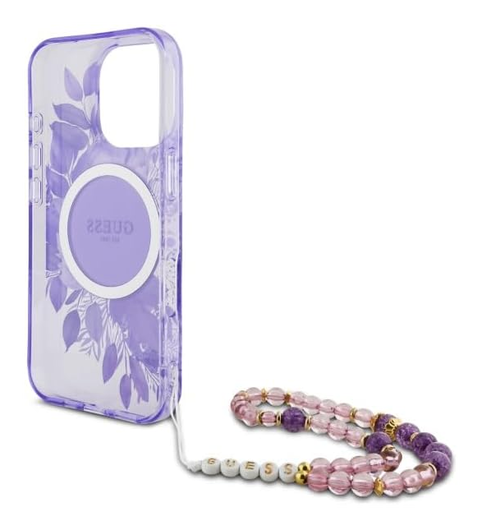 Guess Apple iPhone 16 Pro Hoesje MagSafe met Kralen Koord Bloemen Paars afbeelding 6