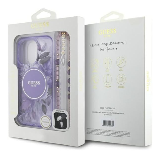 Guess Apple iPhone 16 Pro Hoesje MagSafe met Kralen Koord Bloemen Paars afbeelding 7