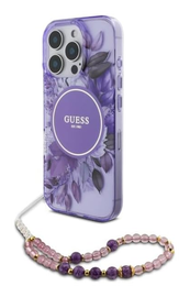 Guess Apple iPhone 16 Pro Hoesje MagSafe met Kralen Koord Bloemen Paars