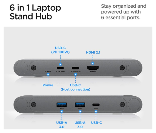 Spigen ArcDock Laptop Standaard met 6-in-1 Hub USB-A/USB-C 100W PD/4K HDMI Grijs afbeelding 3