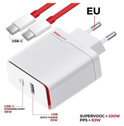 Originele OnePlus SuperVOOC USB‑A Snellader 100W + USB-A naar USB-C Kabel 1M Wit afbeelding 6