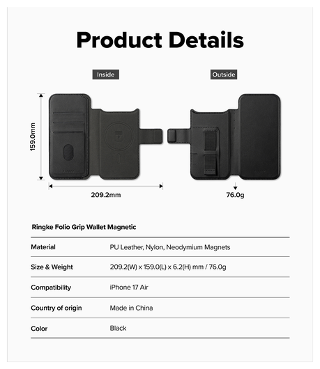 Ringke Folio Grip Wallet Magnetic Apple iPhone Air Hoesje Zwart afbeelding 6