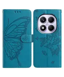 Xiaomi Redmi Note 14 Pro 4G Hoesje Vlinder Bloem Book Case Pasjeshouder Blauw afbeelding