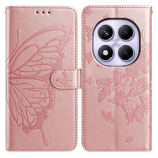Xiaomi Redmi Note 14 Pro 4G Hoesje Vlinder Bloem Book Case Pasjeshouder Roze afbeelding 1