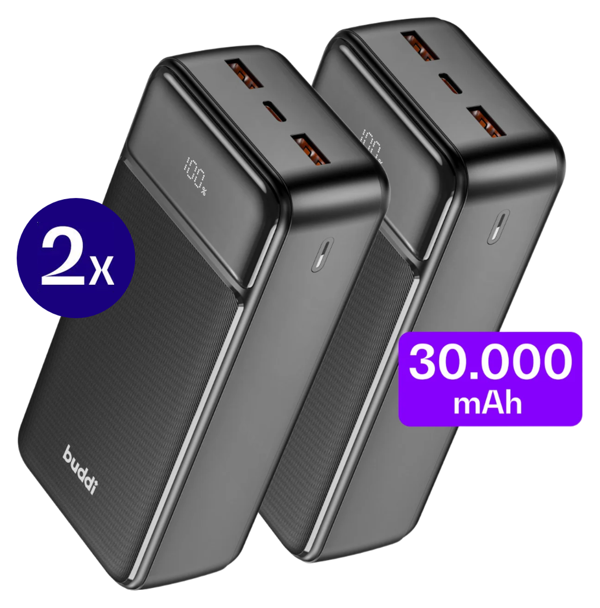 Buddi Boost 30.000 mAh Powerbank Met Display Duo Pack Zwart 22.5W afbeelding 1