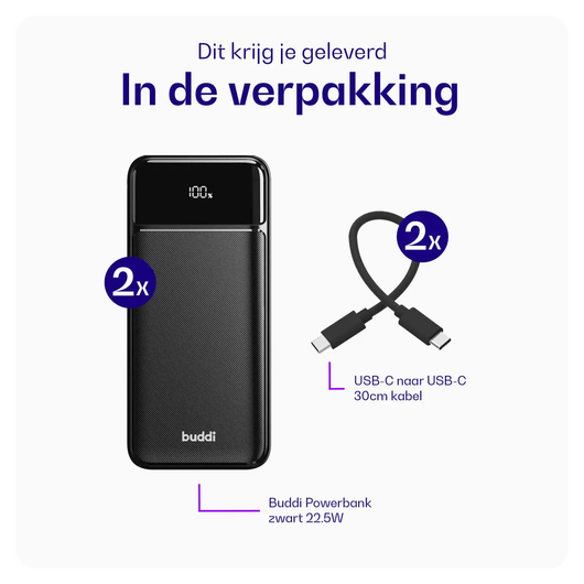 Buddi Boost 30.000 mAh Powerbank Met Display Duo Pack Zwart 22.5W afbeelding 11