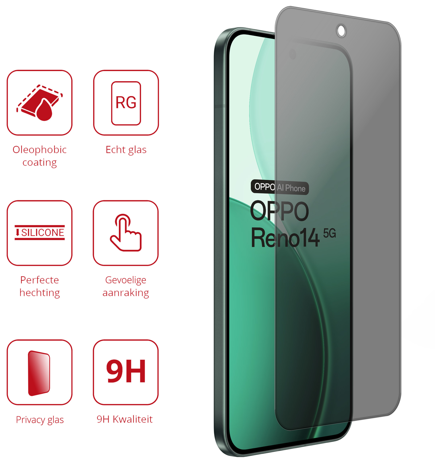 Rosso Oppo Reno 14 9H Tempered Glass Screen Protector Privacy afbeelding 2