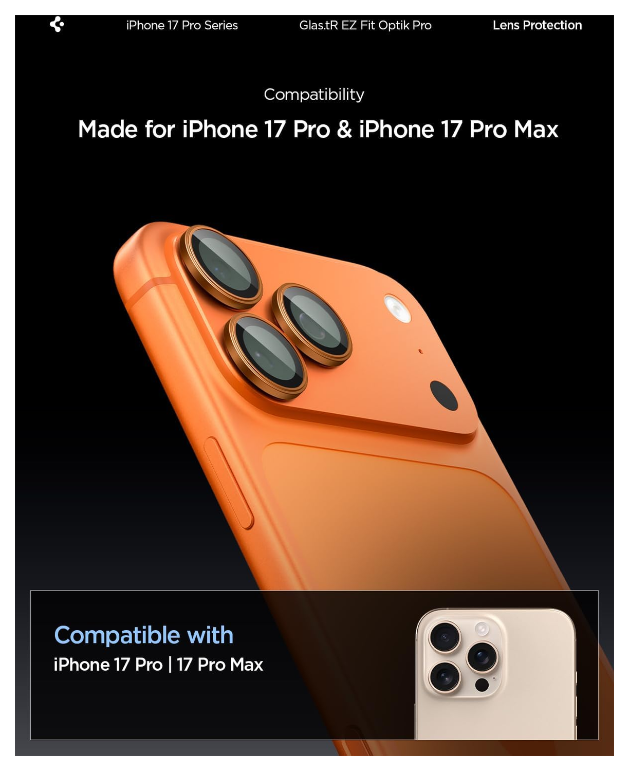 Spigen Optik Pro iPhone 17 Pro / 17 Pro Max Camera Protector Oranje (2-Pack) afbeelding 2