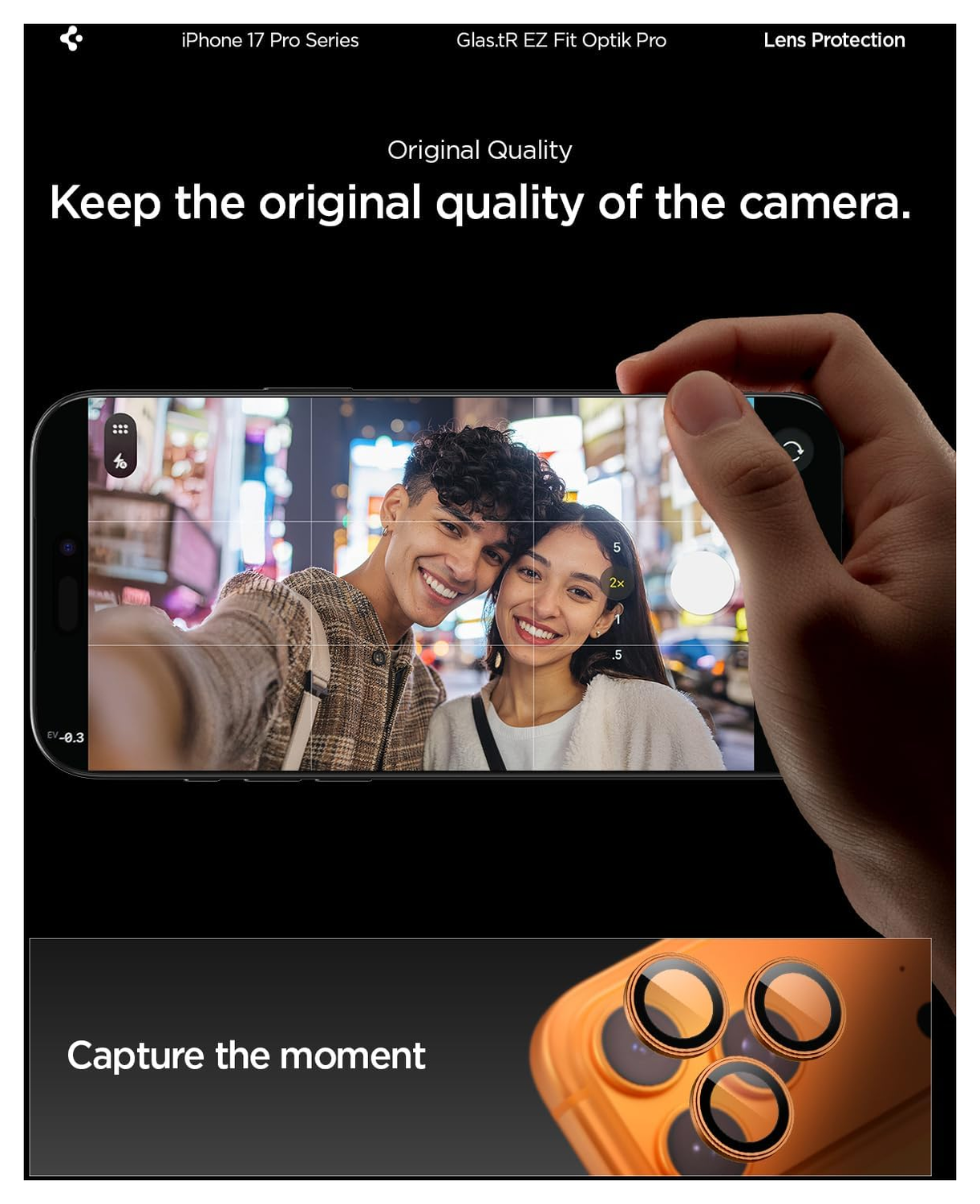 Spigen Optik Pro iPhone 17 Pro / 17 Pro Max Camera Protector Oranje (2-Pack) afbeelding 6