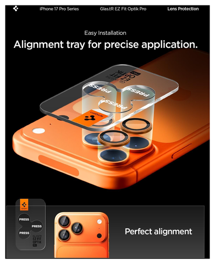 Spigen Optik Pro iPhone 17 Pro / 17 Pro Max Camera Protector Oranje (2-Pack) afbeelding 3