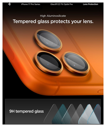 Spigen Optik Pro iPhone 17 Pro / 17 Pro Max Camera Protector Oranje (2-Pack) afbeelding 5