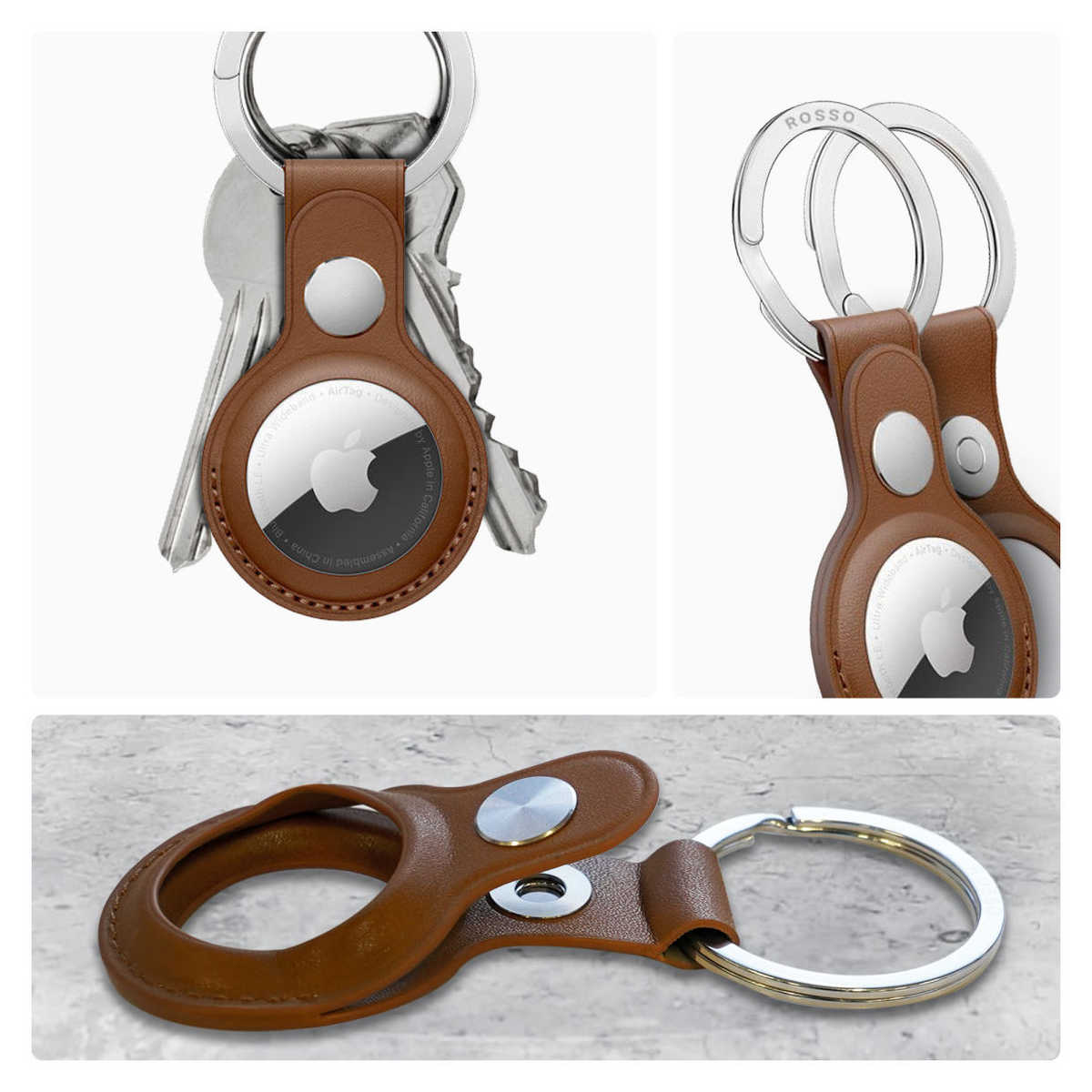 Rosso Element Apple AirTag Sleutelhanger Kunstleer Hoesje 2-Pack Bruin afbeelding 3