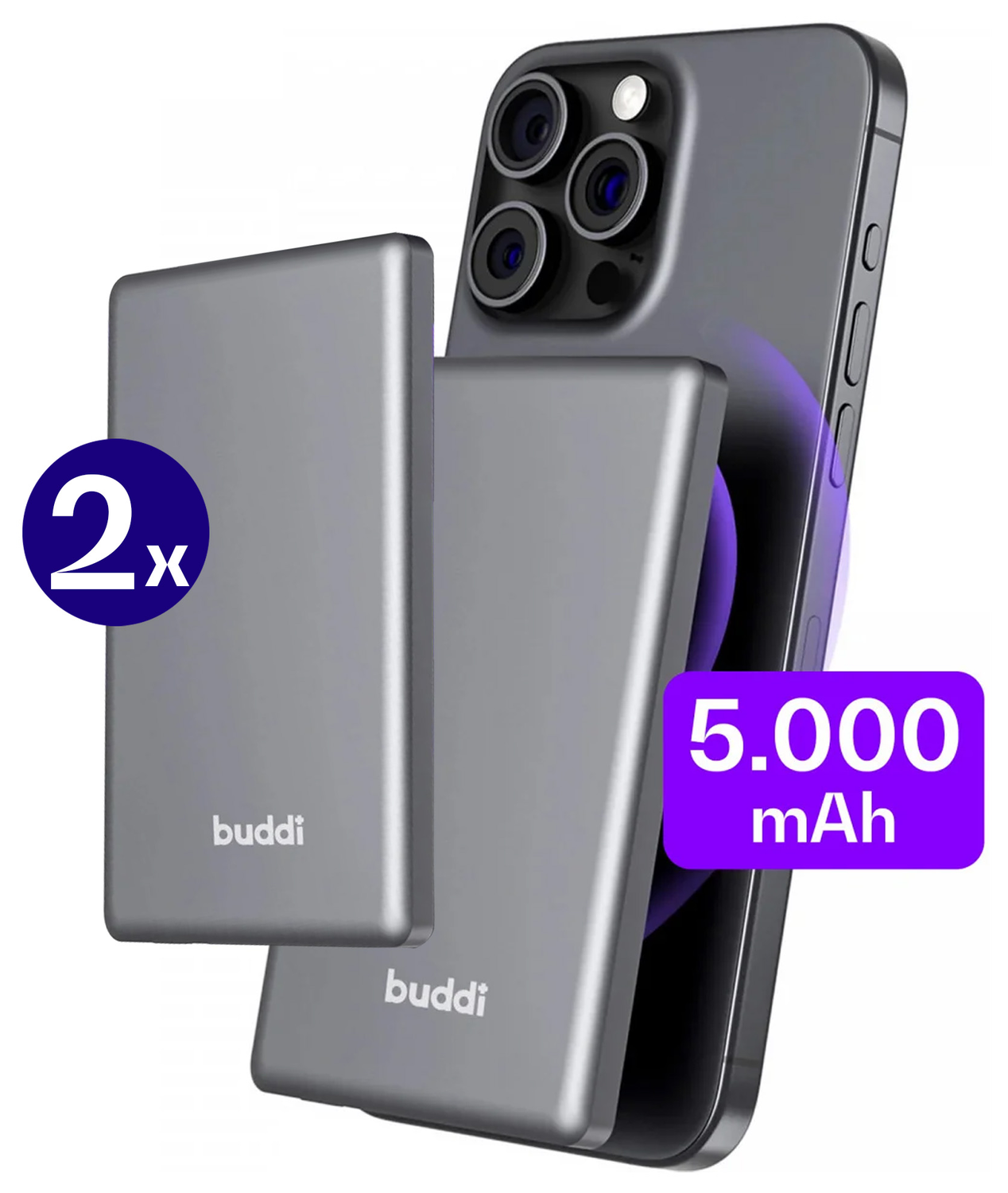 Buddi Connect 5.000 mAh MagSafe Powerbank Duo Pack Zwart 20W afbeelding 1