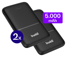 Buddi Go Powerbank USB-C Reisformaat Mini Compact 5.000 mAh Duo Pack Zwart