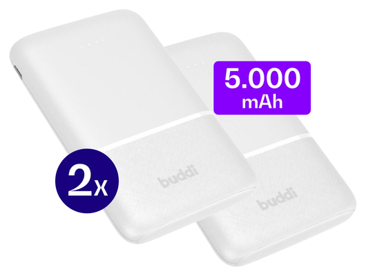 Buddi Go Powerbank USB-C Reisformaat Mini Compact 5.000 mAh Duo Pack Wit afbeelding 1